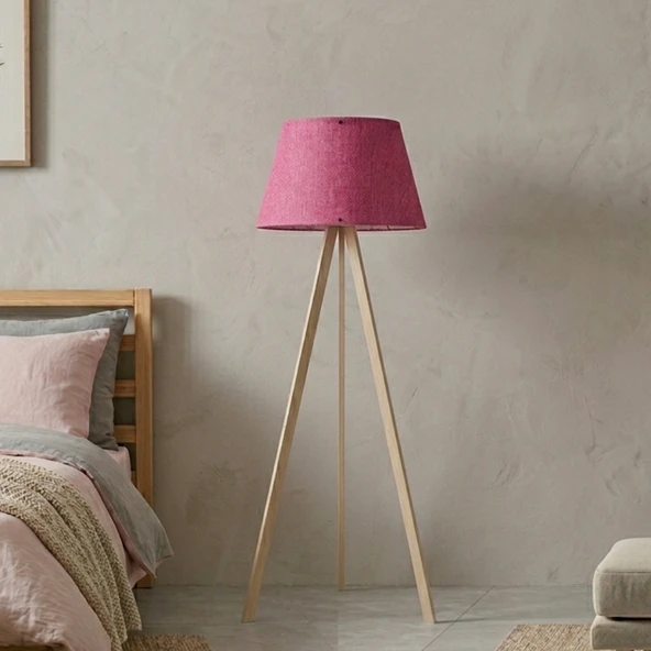 Pratik Ahşap Üç Ayaklı Tripod Lambader Pembe Konik Kumaş Başlık Yatak Odası Köşe Lambası ürün görseli 1