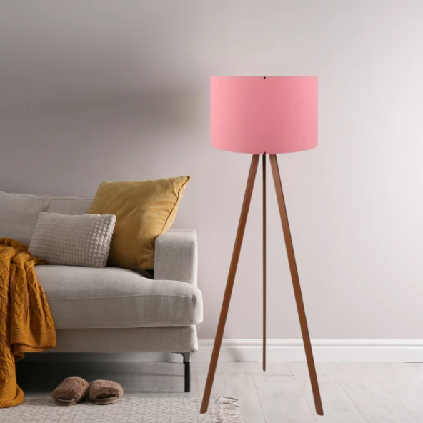 Pratik Ahşap Üç Ayaklı Tripod Lambader Pembe Kumaş Başlık Salon Oturma Odası Köşe Lambası ürün görseli 1