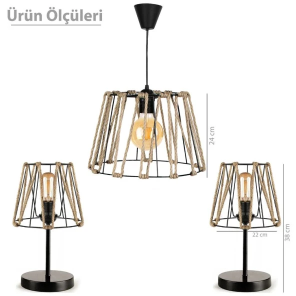 Otantik Üçlü Metal Avize ve Abajur Seti - Resim 4