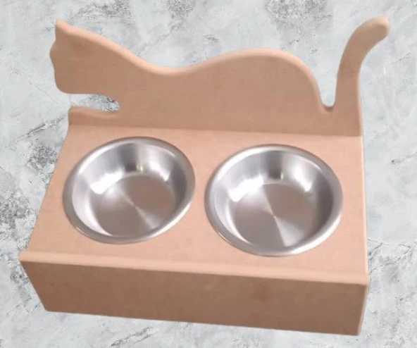 Hobi ERC 90368 MODEL Kedi Mama ve Su Kabı Ahşap MDF HAM Paslanmaz Tabak El Yapım ürün görseli 1