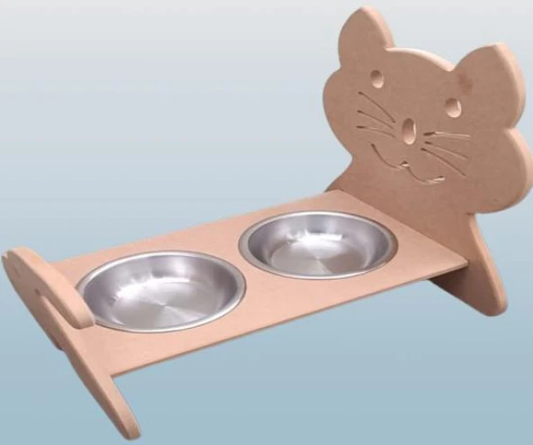 Hobi ERC 90369 MODEL Kedi Mama Ve Su Kabı Seti MDF HAM Paslanmaz Tabak El Yapım ürün görseli 1