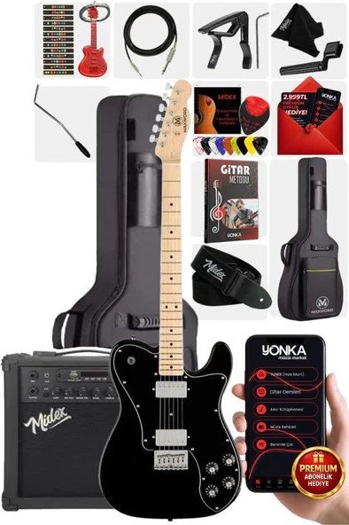 Maxword TLX-60BK-25AMP Telecaster Maple Klavye HH 25W Amfili Elektro Gitar Seti ürün görseli 1