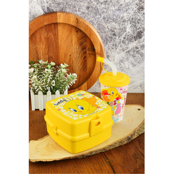 Tweety İki Katlı Beslenme Kutusu+Kapaklı Pipetli Bardak 400 ml. ürün görseli 1