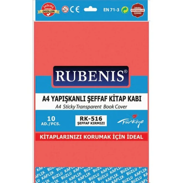 Rubenis Kitap Kabı Yapışkanlı A4 Buzlu Şeffaf Kırmızı 10 Lu ürün görseli 1