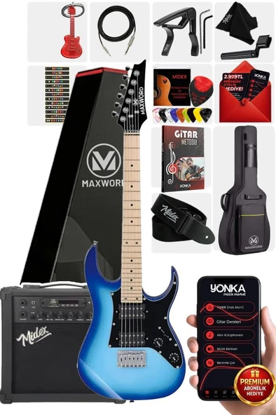 Maxword DE-150BL-25AMP Maple Klavye HH Yüksek Kaliteli 25W Amfili Elektro Gitar Seti ürün görseli 1