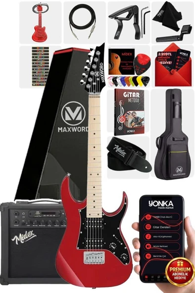 Maxword DE-150RD-25AMP Maple Klavye HH Yüksek Kaliteli 25W Amfili Elektro Gitar Seti ürün görseli 1