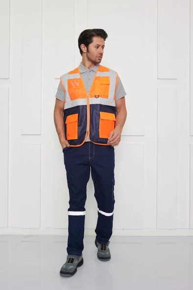 Orange Safety Mühendis Tipi İkaz Yeleği Turuncu-Lacivert ürün görseli 1