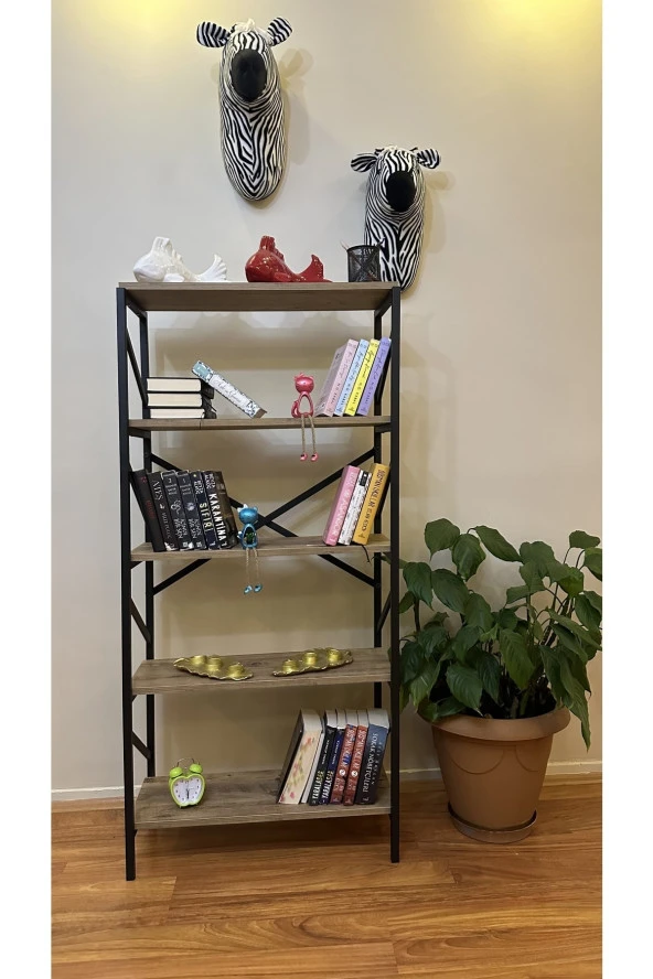 MODERN Metal Kitaplık 5 Raflı Çok Amaçlı Dosya Kitap Rafı Ofis Salon Raf 150 cm Ceviz ürün görseli 1