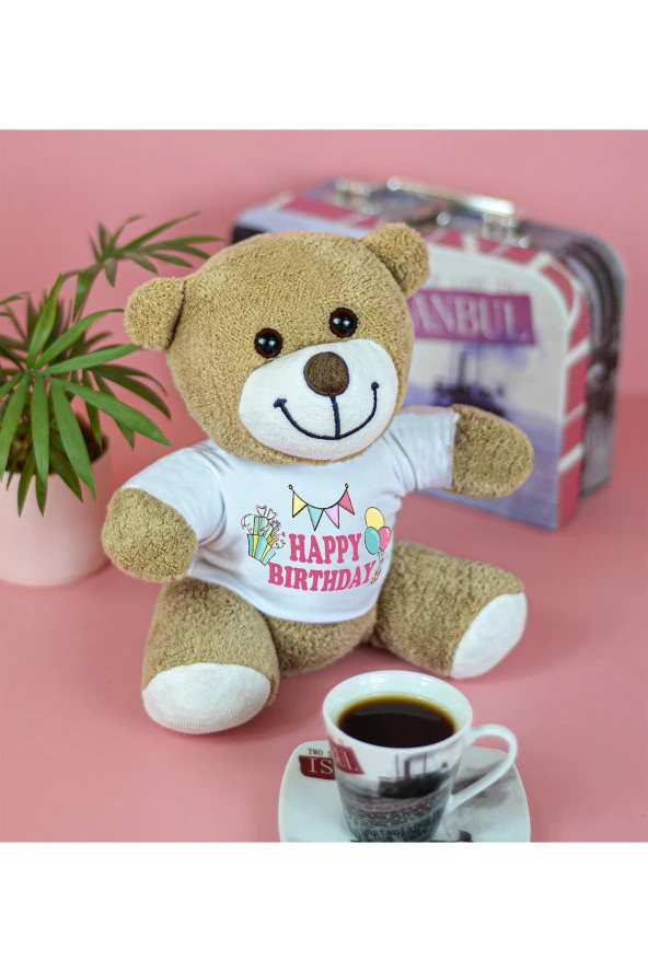 25 Cm Happy Birthday Yazılı Çiçek Ayı ürün görseli 1