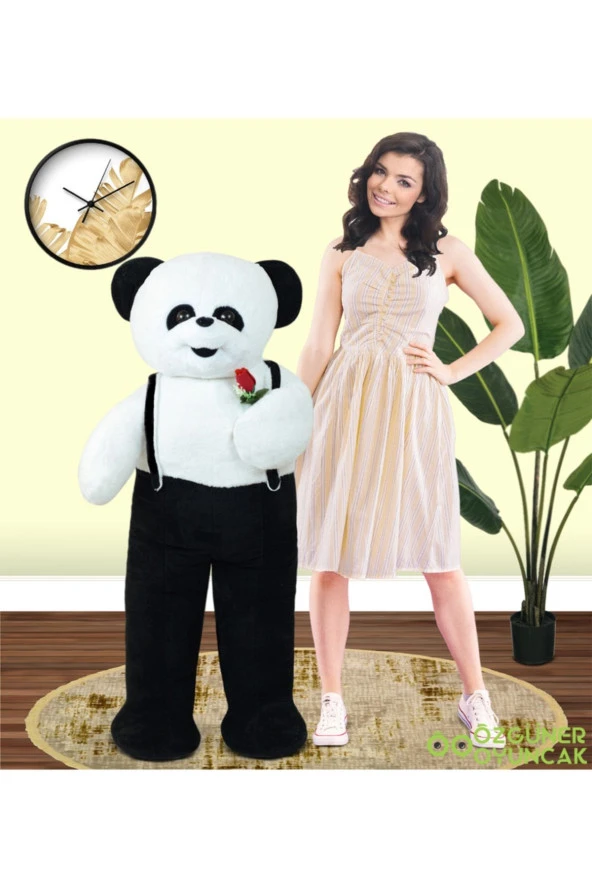 117 Cm Elinde Çiçek Tutan Tulumlu Peluş Panda ürün görseli 1