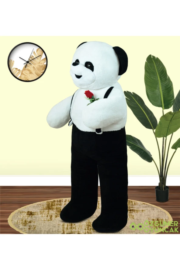 117 Cm Elinde Çiçek Tutan Tulumlu Peluş Panda - Resim 2