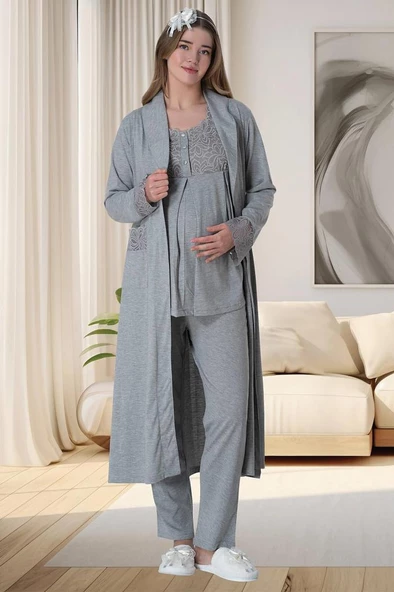 Mecit 6003 Bayan Hamile Lohusa Gri Sabahlıklı Pijama Takımı ürün görseli 1
