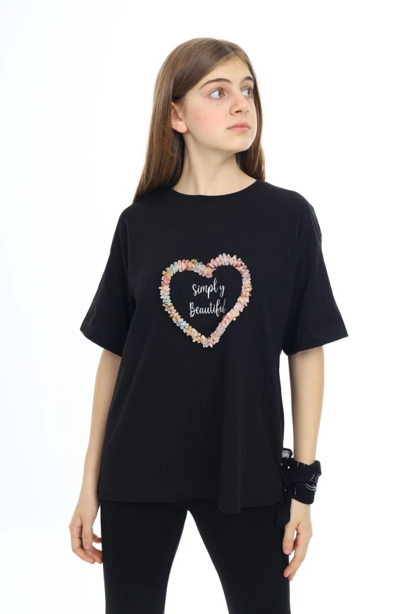 Kız Çocuk Tasarım Kalp Desenli T-Shirt 9-14 Yaş Lx036 ürün görseli 1