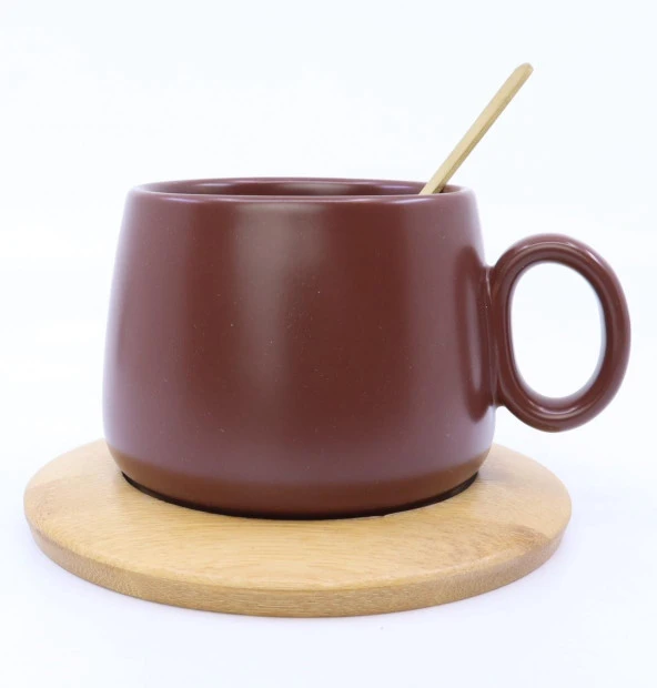 Bambu Tabaklı Seramik Kupa -Kahverengi - Resim 4