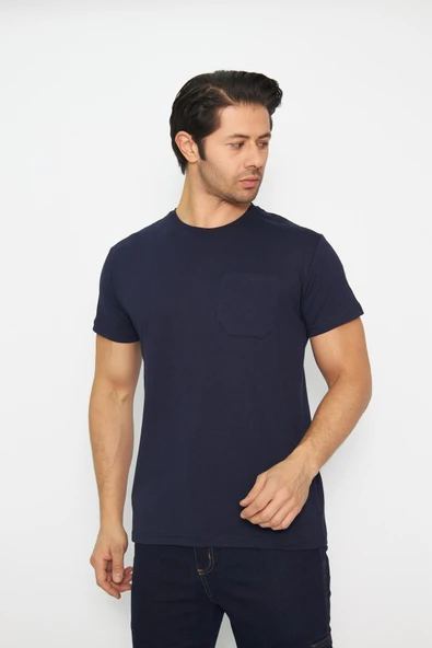 T-shirt Bisiklet Yaka Kısakol %100 Pamuk Cepli Lacivert ürün görseli 1