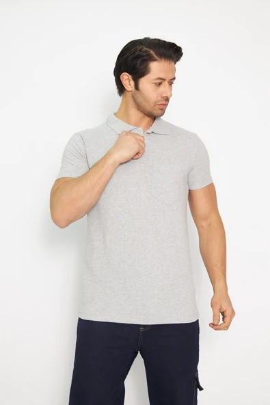 T-shirt Polo Yaka Kısakol %100 Pamuk Cepli Gri ürün görseli 1