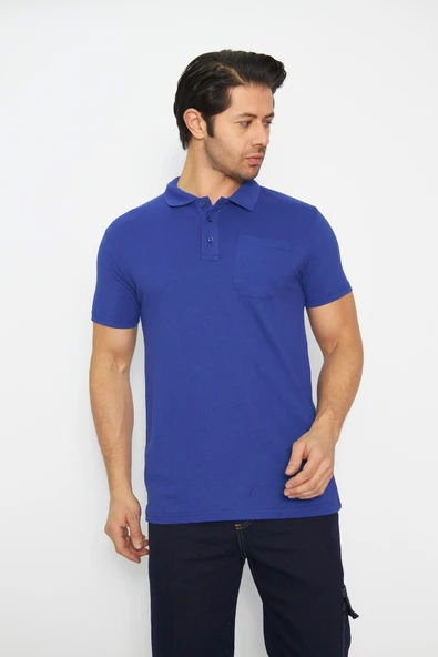 T-shirt Polo Yaka Kısakol %100 Pamuk Cepli Sax Mavi ürün görseli 1