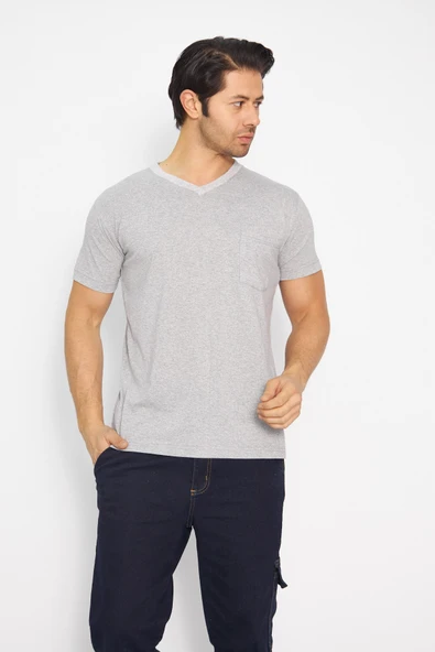 T-shirt V Yaka Kısakol %100 Pamuk Cepli Gri ürün görseli 1