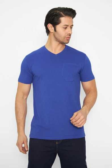 T-shirt V Yaka Kısakol %100 Pamuk Cepli Sax Mavi ürün görseli 1