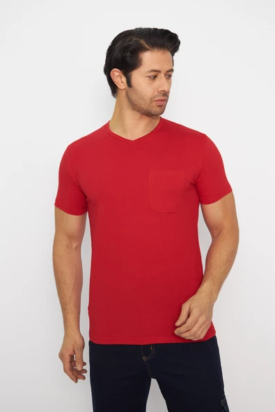 T-shirt V Yaka Kısakol %100 Pamuk Cepli Kırmızı ürün görseli 1