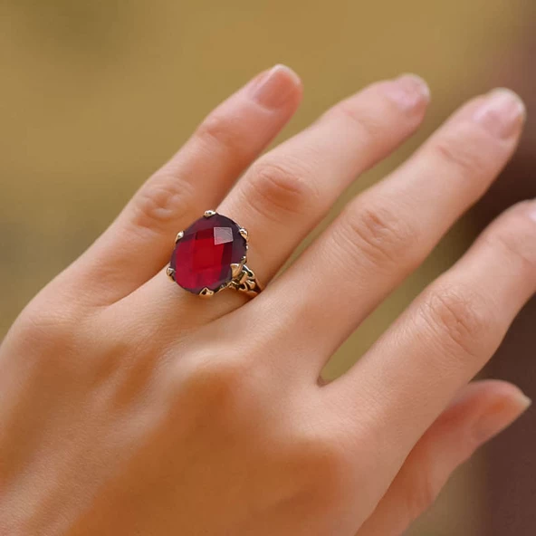 14k Altın Granat Lal Taşlı Yüzük ürün görseli 1