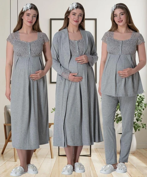 Mecit 6066 Bayan Hamile Lohusa Gri Sabahlık Gecelik Pijama Seti ürün görseli 1