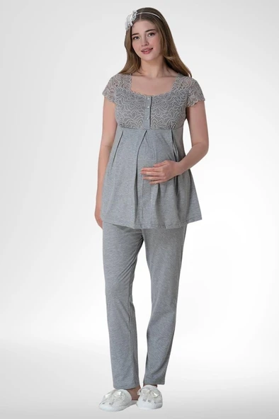 Mecit 6056 Bayan Hamile Lohusa Gri Kısa Kollu Pijama Takımı ürün görseli 1