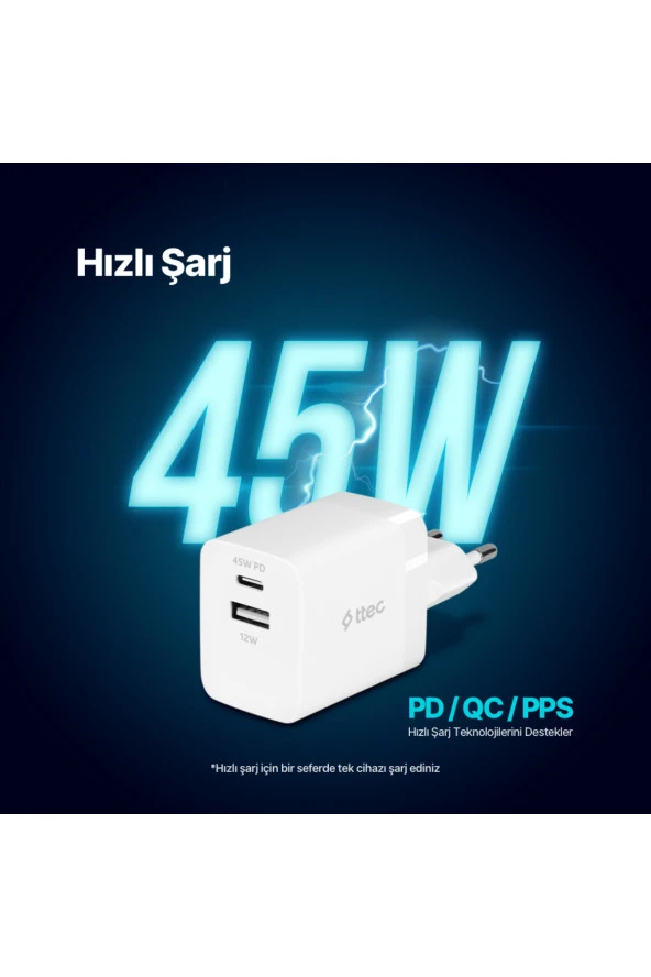Ttec 2SCP02B SmartCharger Duo PD 45W USB-C+USB-A Seyahat Hızlı Şarj Aleti - Resim 2