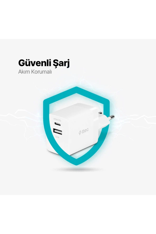Ttec 2SCP02B SmartCharger Duo PD 45W USB-C+USB-A Seyahat Hızlı Şarj Aleti - Resim 5