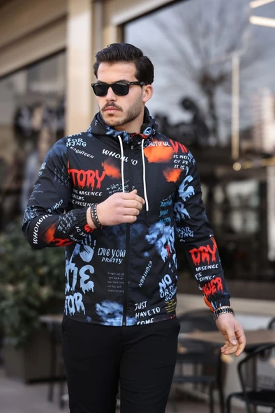 Mavi ve Turuncu Renk Baskılı Spor Model Kumaş Mont ürün görseli 1