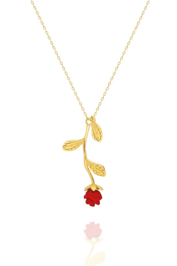 925 Ayar Gold Kırmızı Gül Kolye Kadın Gümüş Kolye ürün görseli 1