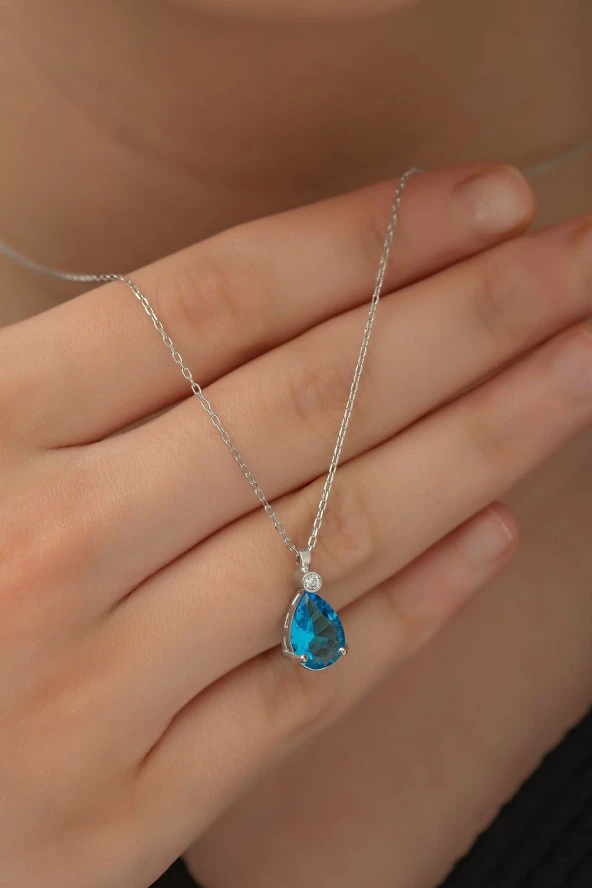 925 Ayar Gümüş Aqua Taşlı Damla Tektaş Kolye Kadın Gümüş Kolye ürün görseli 1