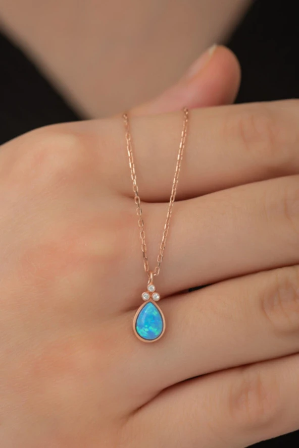 925 Ayar Gümüş Minik Opal Taşlı Damla Kolye Kadın Gümüş Kolye ürün görseli 1