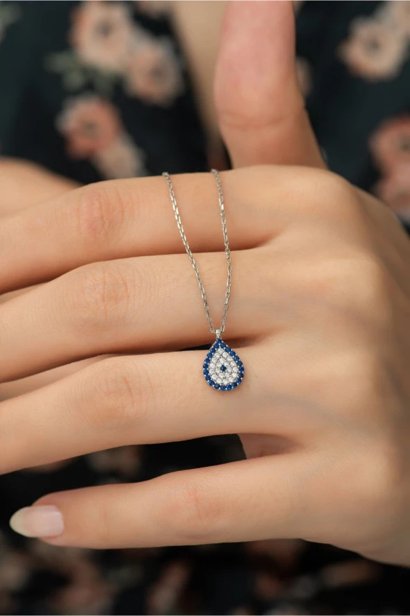 925 Ayar Gümüş Minik Damla Nazar Kolye Kadın Gümüş Kolye ürün görseli 1
