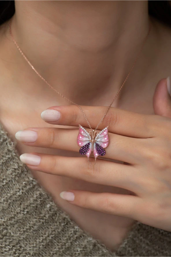 925 Ayar Pembe Kelebek Kadın Gümüş Kolye ürün görseli 1