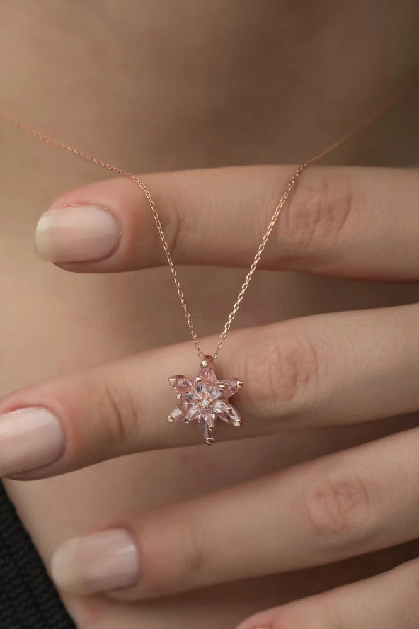 925 Ayar Pembe Lotus Çiçeği Kolye Kadın Gümüş Kolye ürün görseli 1