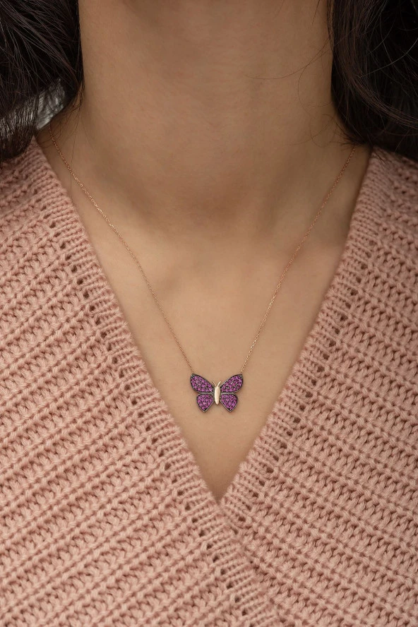 925 Ayar Pembe Kelebek Kolye Kadın Gümüş Kolye ürün görseli 1