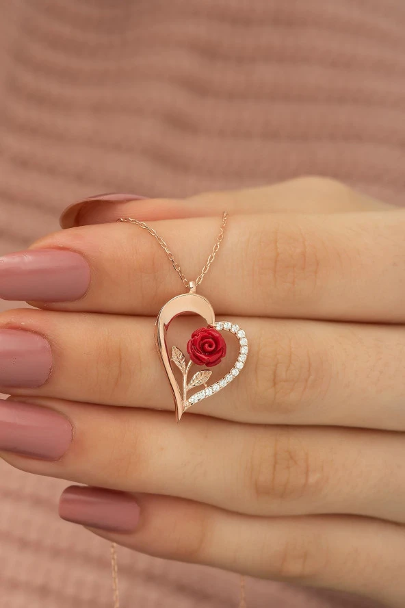 925 Ayar Rose Kırmızı Gül Kalp Kadın Gümüş Kolye ürün görseli 1