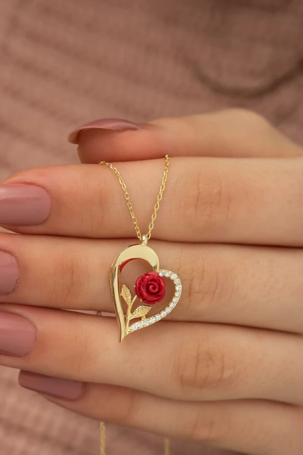 925 Ayar Gold Kırmızı Gül Kalp Kadın Gümüş Kolye ürün görseli 1