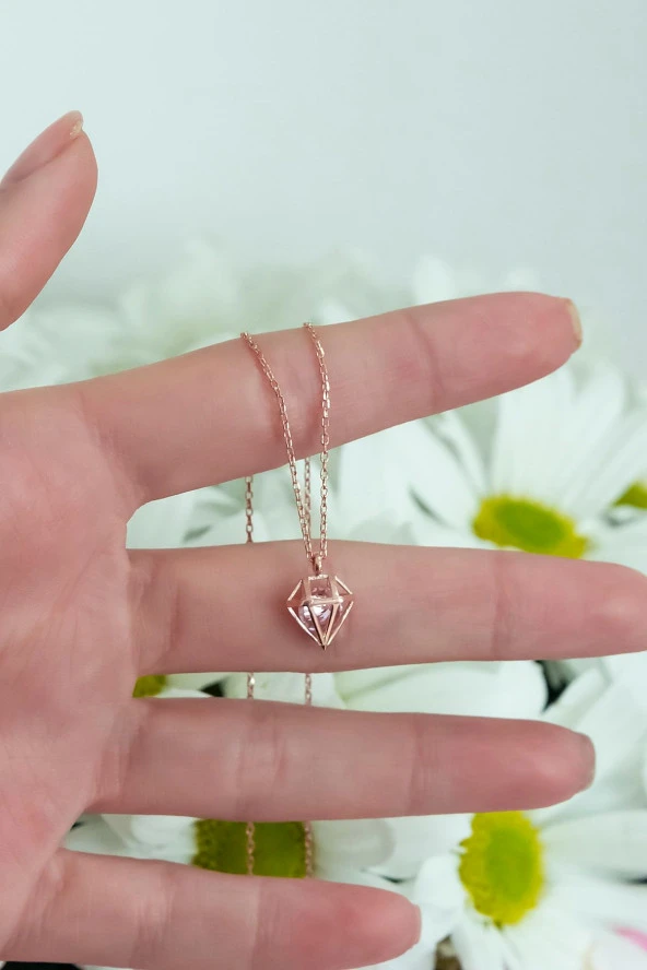 925 Ayar Şık Tasarım Pembe Taşlı Kolye Kadın Gümüş Kolye ürün görseli 1