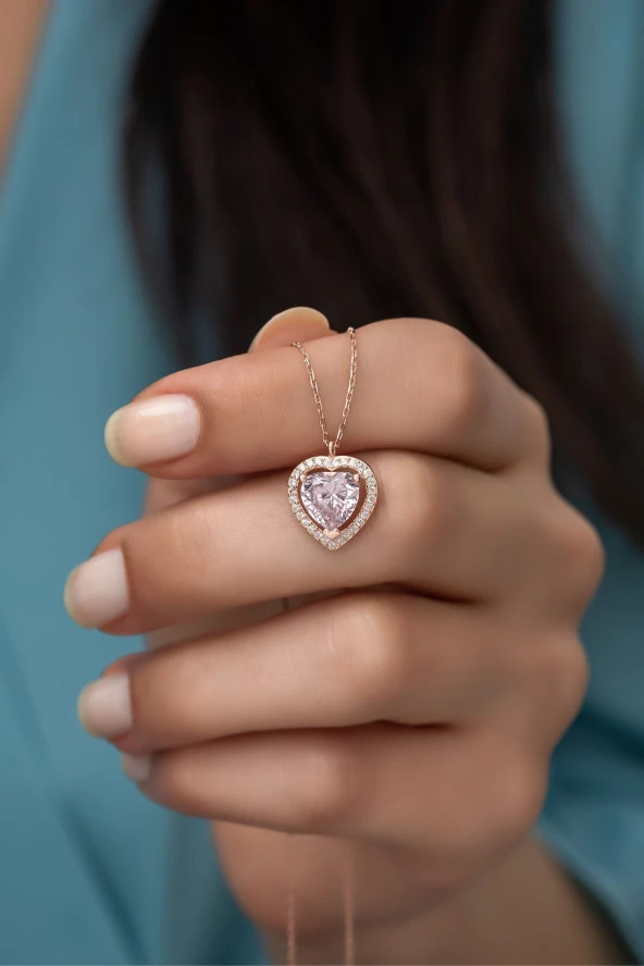 925 Ayar Gümüş Pembe Taşlı Kalp Model Kolye ürün görseli 1