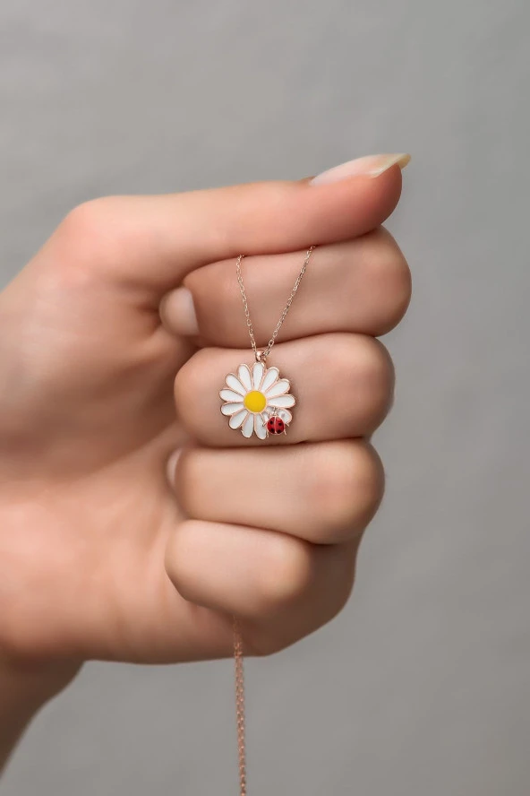 925 Ayar Gümüş Rose Uğur Böceği Papatya Kolye ürün görseli 1