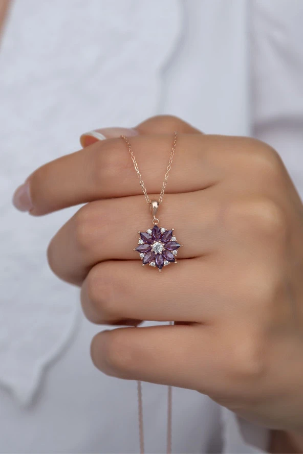 925 Ayar Gümüş Mor Taşlı Lotus Çiçeği Kolye ürün görseli 1