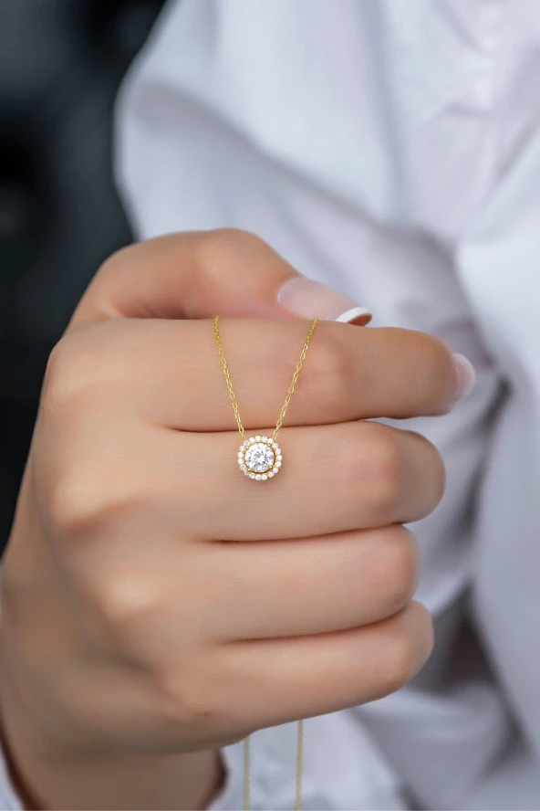 925 Ayar Gümüş Gold Elmas Montür Tektaş Kolye ürün görseli 1