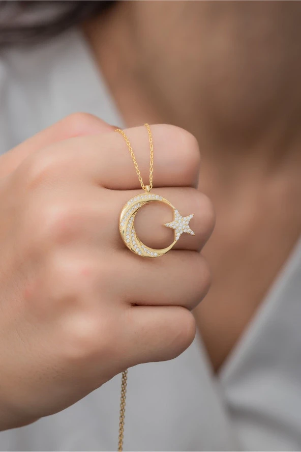 925 Ayar Gümüş Gold Zirkon Taşlı Ayyıldız Kolye ürün görseli 1