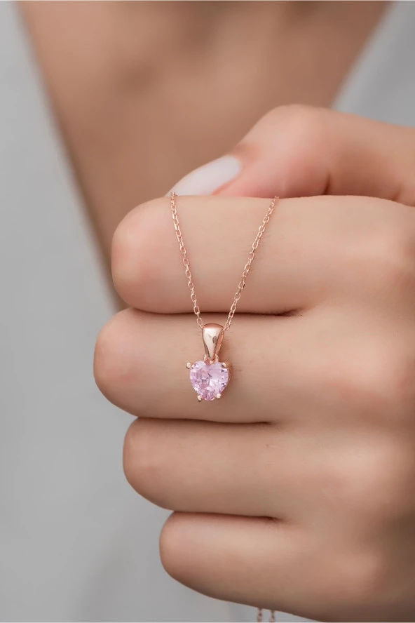 925 Ayar Gümüş Pembe Taşlı Kalp Kolye ürün görseli 1