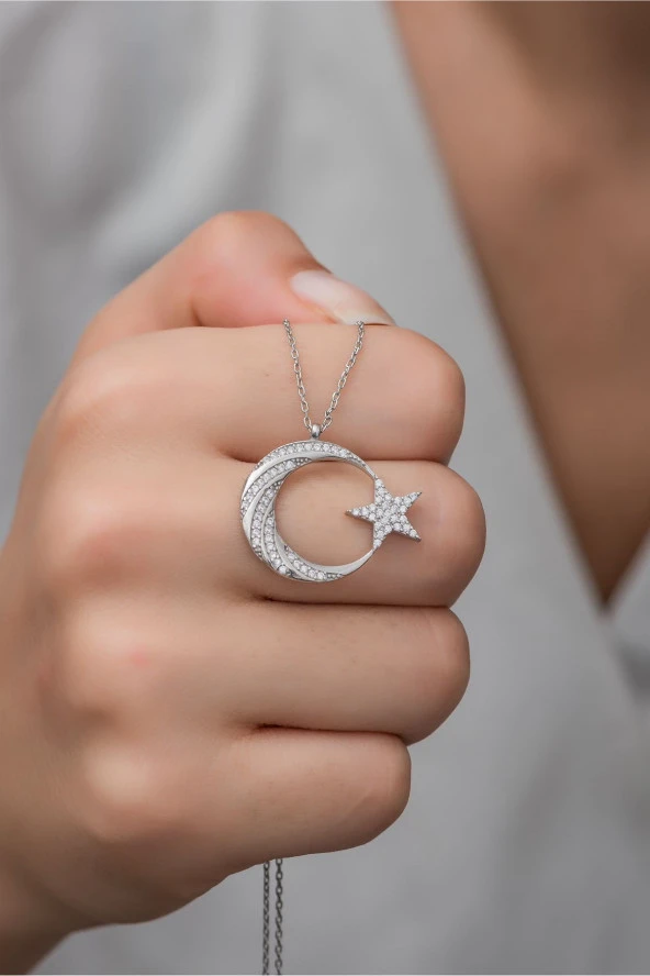 925 Ayar Gümüş Beyaz Zirkon Taşlı Ayyıldız Kolye ürün görseli 1