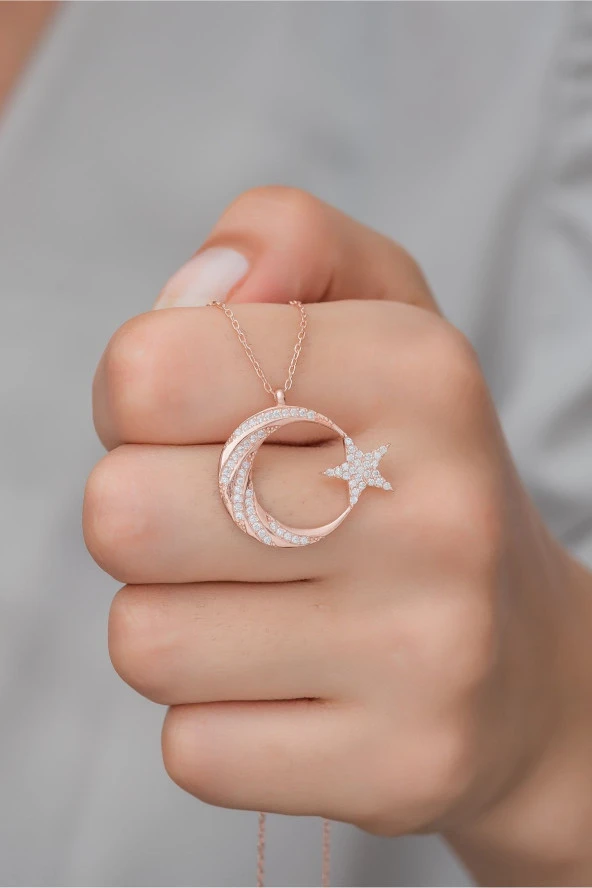925 Ayar Gümüş Rose Zirkon Taşlı Ayyıldız Kolye ürün görseli 1
