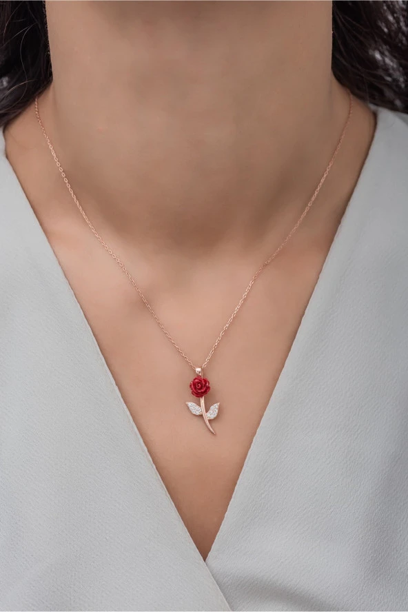 925 Ayar Gümüş Rose Zirkon Taşlı Gül Kolye ürün görseli 1