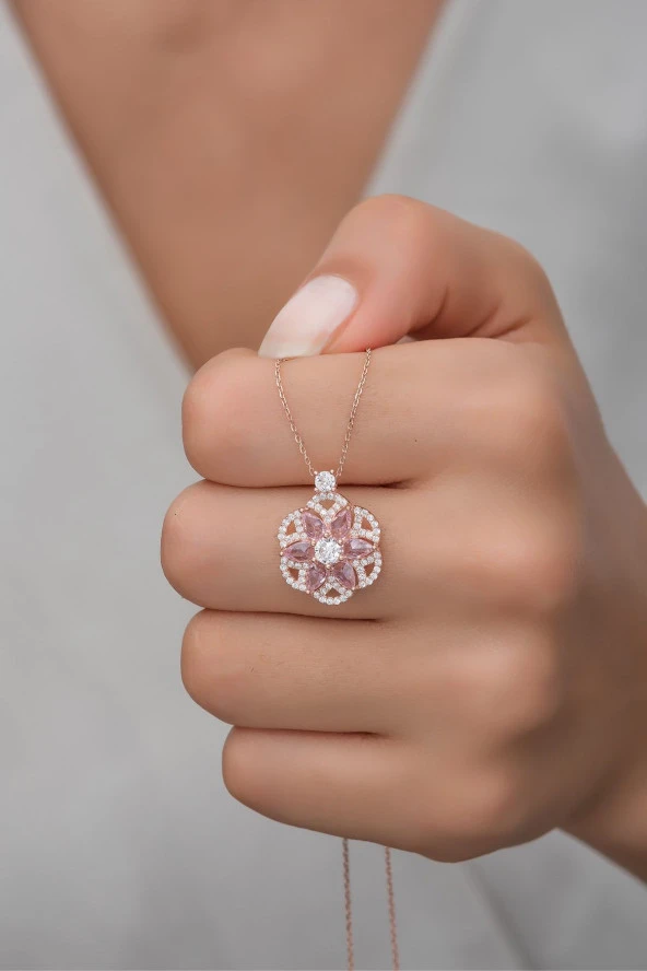 925 Ayar Gümüş Desenli Pembe Taşlı Lotus Çiçeği Kolye ürün görseli 1
